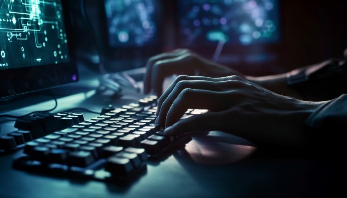 persona che digita sulla tastiera del computer di notte generata dall intelligenza artificiale