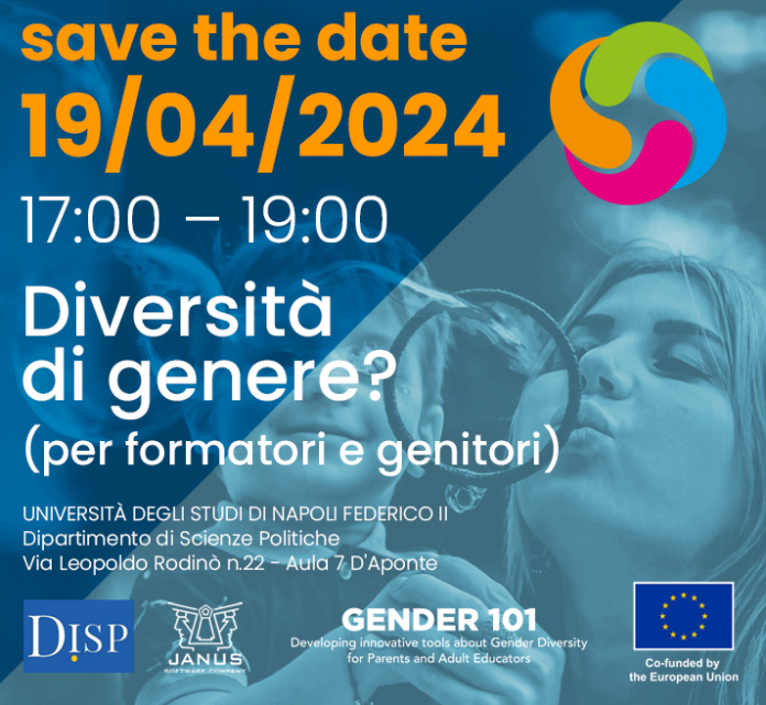 Foto con testo save the date 19/04/2024 Diversità di genere