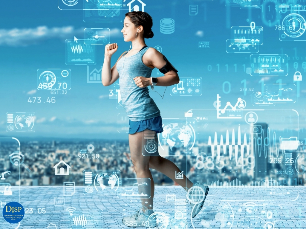 Donna che corre in ambiente urbano futoristico - rappresentazione dell'analisi sportiva avanzata.
