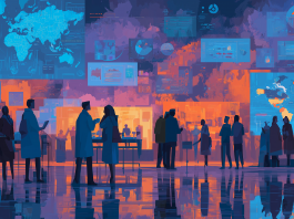 Notte dei Ricercatori. Persone in un ambiente moderno con schermi digitali e mappe.