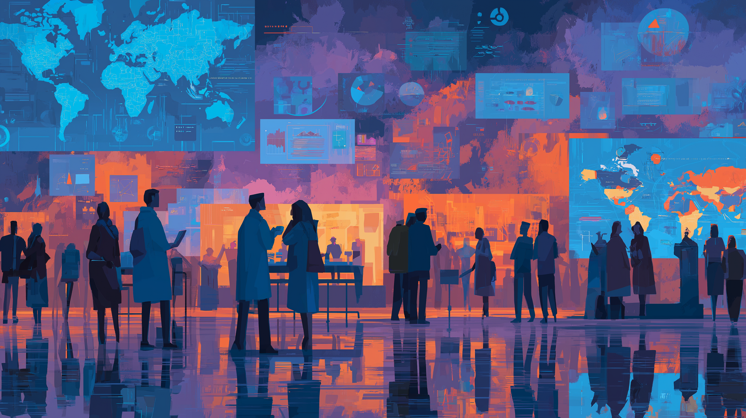 Notte dei Ricercatori. Persone in un ambiente moderno con schermi digitali e mappe.